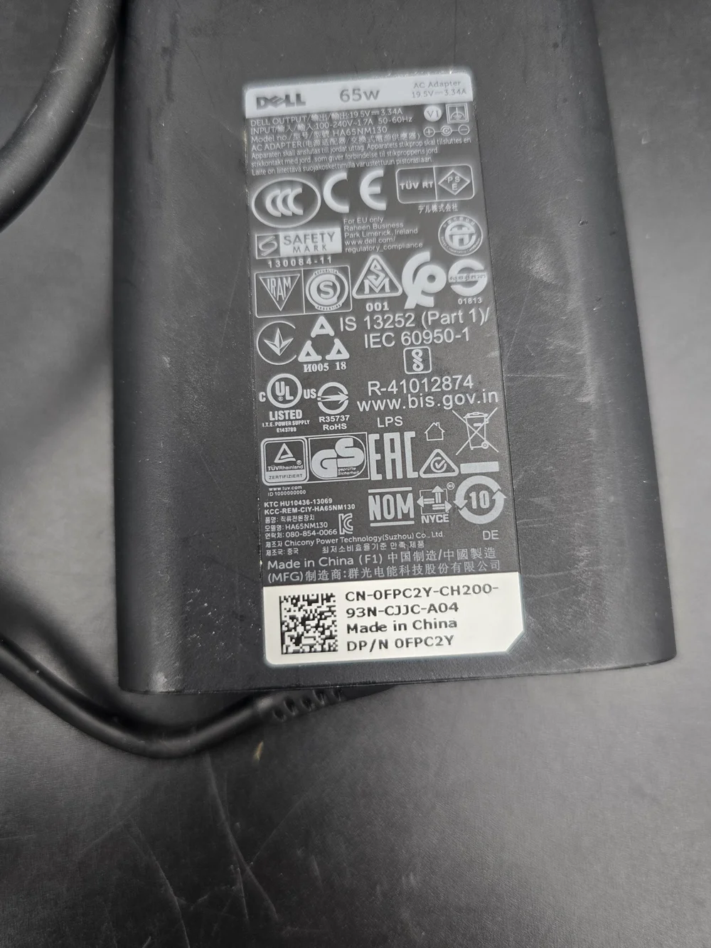 Dell Black 65W AC Power Adapter with Attached Cable